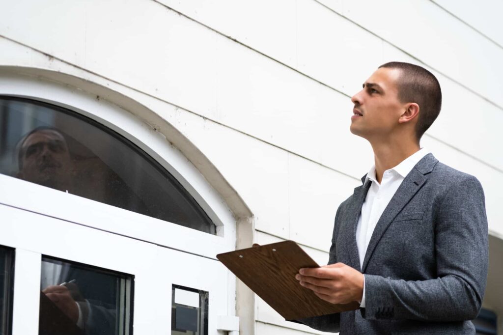 A process server conducting a property investigation to ensure legal documents are delivered to the correct individual at their residence.