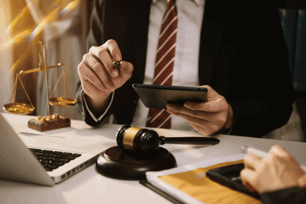 Modern law office equipped with smart technology and collaborative tools, embracing digital change.