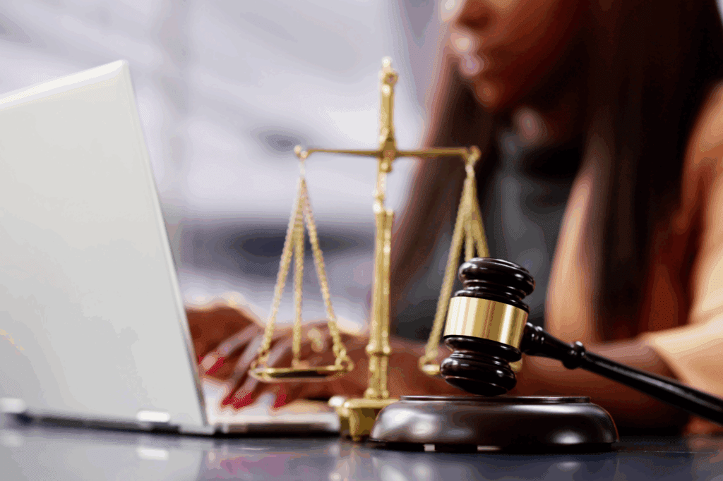 Lawyer reviewing AI-generated contract summary on a laptop, showing faster contract analysis.