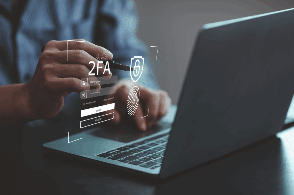 Lawyer logging into a secure platform using multi-factor authentication, ensuring client data protection