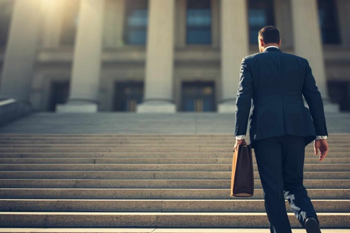 A process server with legal documents and a briefcase walks up the steps of the Cook County Circuit Court in bright midday light.