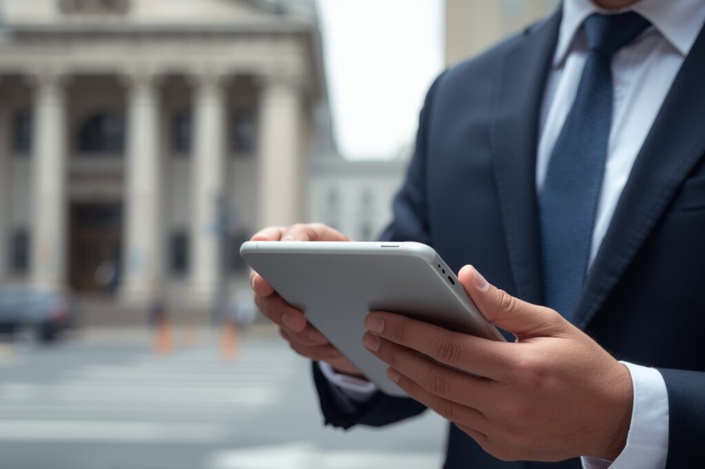 A hand holds a glowing tablet with a cloud and arrow icon, symbolizing the digital transformation of process serving with cloud-based platforms.