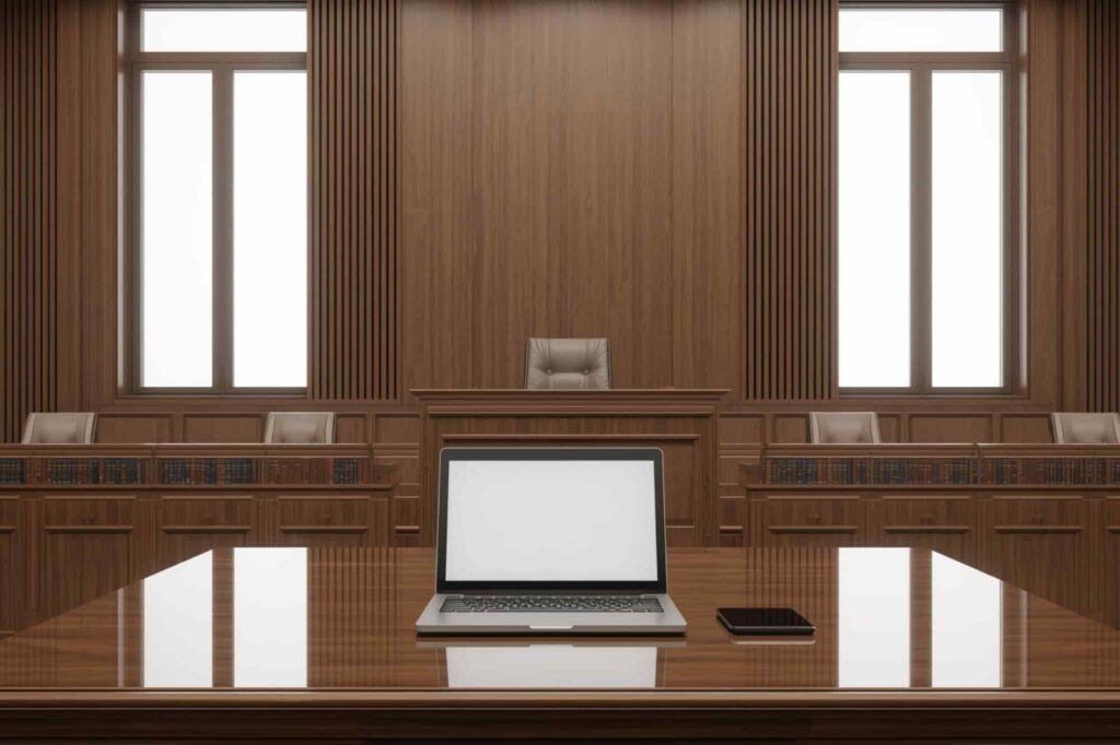 A modern courtroom scene featuring a laptop or tablet on the table, symbolizing digital case management.